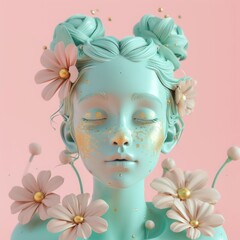 mint-colored girl with gold spots and flowers on a pink background 3D illustration.
