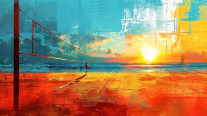 Sunset Beach Volleyball: A Dynamic Art Collage

