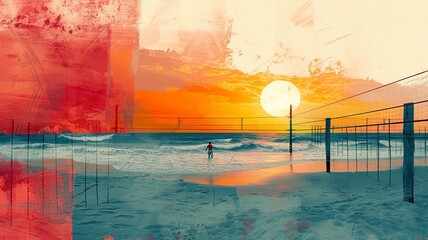 Sunset Beach Volleyball: A Dynamic Art Collage

