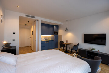 Interior of a hotel apartment, kitchen bedroom