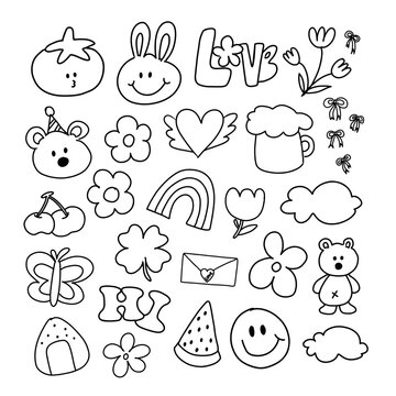 Kid drawing style outlines of animals, flowers, fruits and summer picnic elements for colouring book, stickers, logo, icon, clip arts, tattoo, decorations, print, card, social media, clothing, symbol