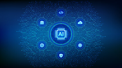 AI. Artificial intelligence. Machine learning technology. Big data analysis. Deep learning. Neural networks. Background with circuit board connections and tech icons. Vector Illustration.