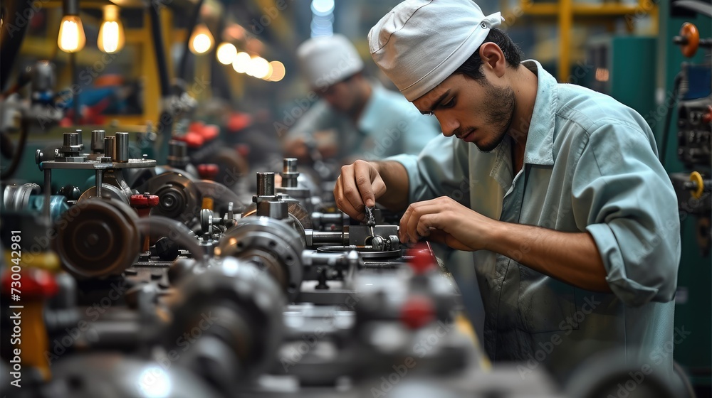 Poster a workers repairing machinery with tools and parts in workshop plant. generative ai.