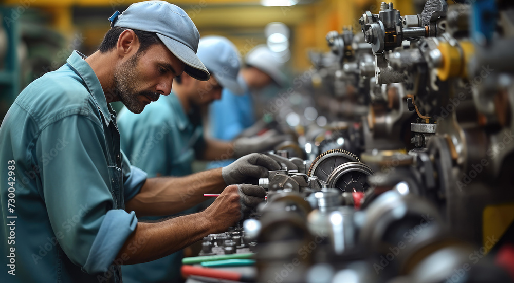 Poster A workers repairing machinery with tools and parts in workshop plant. Generative AI.