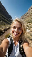 Blonde woman takes a selfie with a stunning mountain backdrop, her blue eyes and bright smile radiating in the outdoor light.