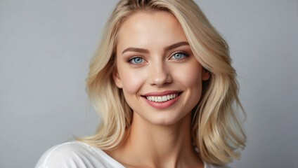 Naklejka premium Close-up portrait of a cheerful blonde woman with captivating blue eyes and a flawless smile, set against a neutral background.