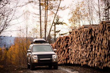 SUV on scenic autumn road in the forest near a log warehouse at the logging site