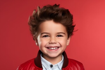 Portrait of a smiling little boy in red jacket on a red background
