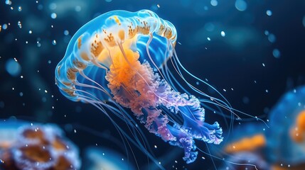 Colorful jellyfish in deep blue water. Generative AI. - obrazy, fototapety, plakaty
