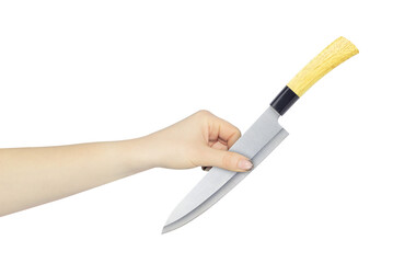 kitchen knife in hand, outstretched hand with kitchen knife isolated from background