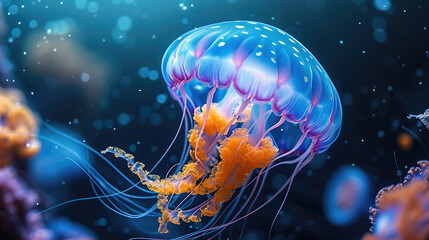Colorful jellyfish in deep blue water. Generative AI.