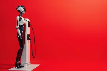 Fotobehang Full-length view of a humanoid robot standing beside an EV charging station against a red backdrop © Fxquadro
