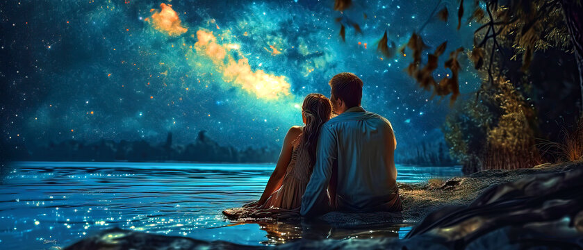 Silhouette of a couple in love sitting on the shore at night and watching the stars, background for Valentine's day - Powered by Adobe