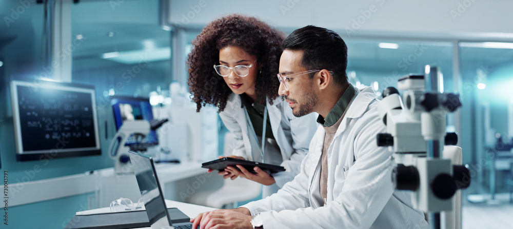 Poster Science, teamwork and scientist with tablet in laboratory for communication, pharmaceutical review or planning. Employees, collaboration and technology for research, discussion and digital analysis