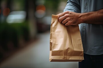 A hand clutches a paper bag with a shopping center in the background - obrazy, fototapety, plakaty