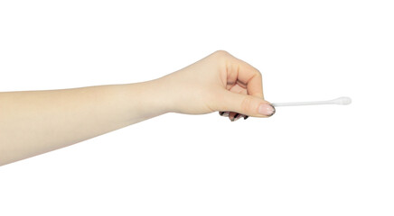 cotton swab, ear stick in hand, outstretched hand with cotton swab, ear stick, isolated from...
