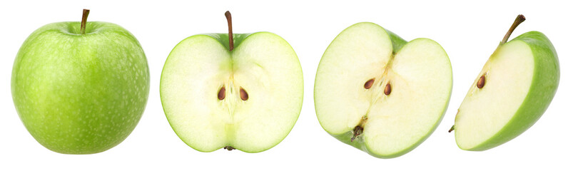 green apple (granny smith apple), half and slice isolated, transparent PNG, collection, PNG format, cut out