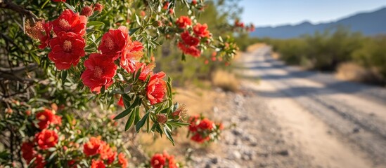 Red flowers and small fruits hanging from pomegranate shrubs along city roads in the American Southwest. - Powered by Adobe