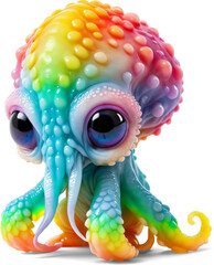 Rainbow colorful baby octopus-creature with huge purple eyes walking on tentacles, Realistic tiny...