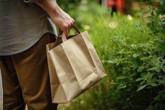 A hand clutches a paper bag with a shopping center in the background