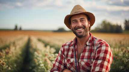Farmer wearing a red plaid shirt smiles and stand work at field. Generative AI.