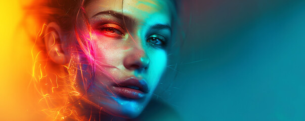 face of a woman with colorful glow and lights