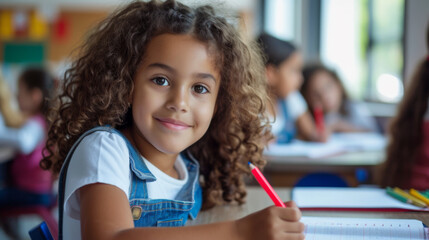 young girl with curly hair smiling at the camera, seemingly sitting in a classroom environment with...