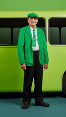 fictional older gentleman in a bus driver outfit; green uniform matching the vehicle behind him