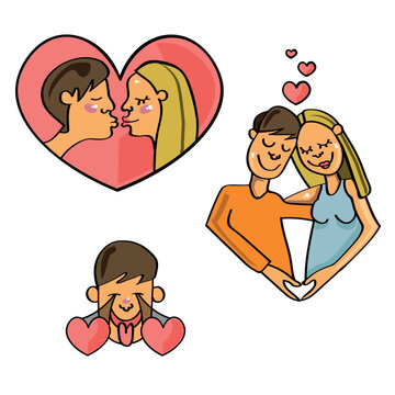 A cartoon guy kisses and hugs a girl on a background of hearts. Background for gift cards, envelopes.Vector illustration.EPS10,