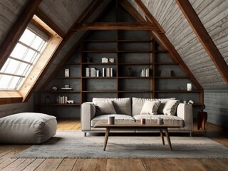 Panorama of living room with sofa and blank TV in attic as interior design concept (3D Rendering)
