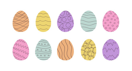 Set of Easter eggs in doodle style. Holiday food is Decorated with Abstract lines, waves and other patterns. Hand drawn vector illustration in pastel colors