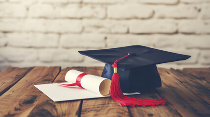 black academic cap with a red tassel and a diploma with a red ribbon, placed on a wooden surface against a blurred brick wall background - obrazy, fototapety, plakaty