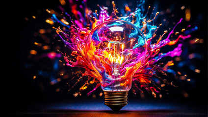 Bright bulb, explosion of colors, dark background