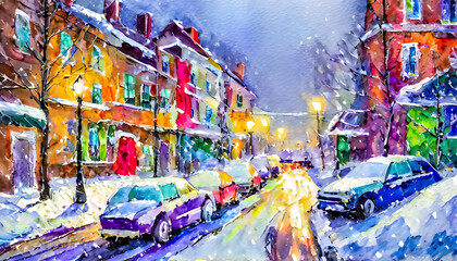 Winter in a small town covered in deep snow, photographed from the street, oil painting