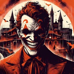 Joker in the style of contemporary medieval art dark orange and dark red.
