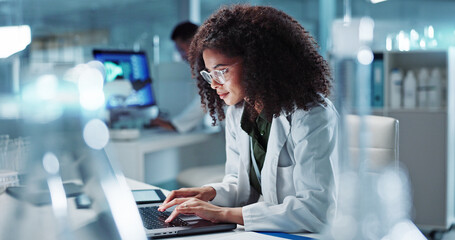 Woman. laptop and lab for research science or online internet for futuristic discovery, microscope...