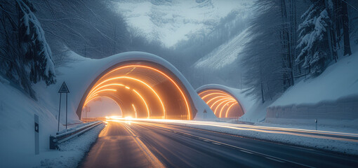 Two tunnels at sunset in winter with lights on the side of the roads. Generative AI.