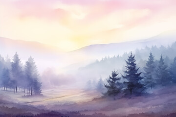 Violet Misty Valley landscape watercolor illustration. Foggy forest watercolor painting.