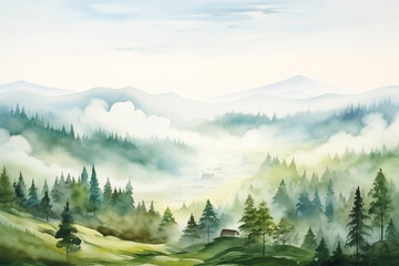 Green Misty Valley landscape watercolor illustration. Foggy forest watercolor painting.