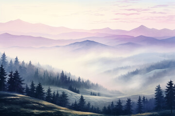 Misty Valley violet landscape watercolor illustration. Foggy forest watercolor painting.
