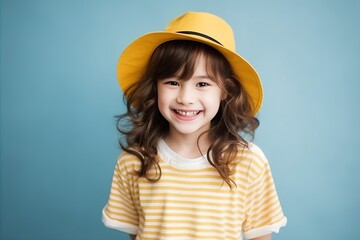 Portrait of a cute little girl in yellow hat over blue background