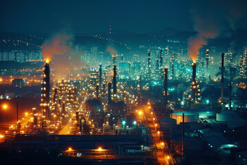 Oil and gas refinery at night, energy supply for industrial demand