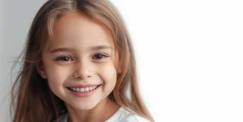 Fototapeta premium banner portrait of little happy girl with perfect childish smile close up, child with beautiful white milk tooth on white background. Copy space. Banner