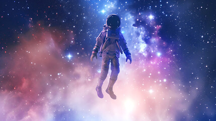 Naklejka premium Teenager in space suit soars in surreal starry galaxy. Concept New Futurism. Banner.