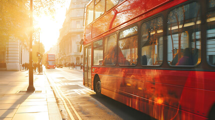 Obraz premium London Red Bus in middle of city street. Double exposure effect. Banner. Close-up