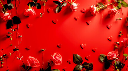 Festive red background with hearts and roses. Copy space.