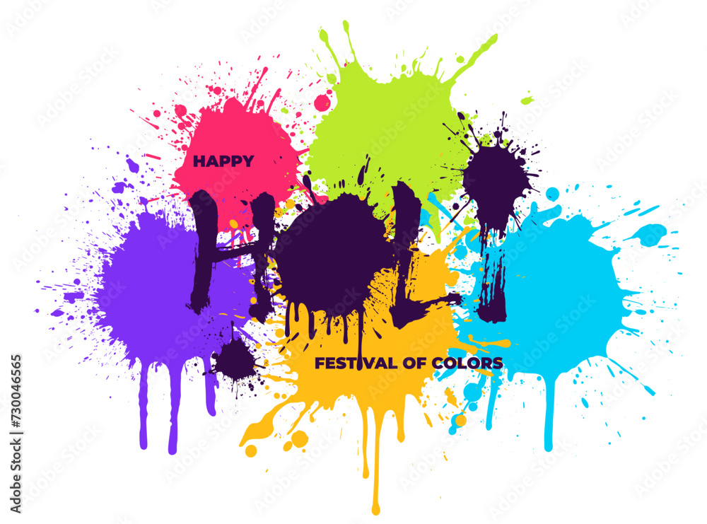 Wall mural happy holi festival of colors banner. brush ink calligraphy on colorful powder splashes. indian cele