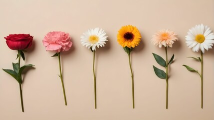 various flowers arranged in a row on a beige background