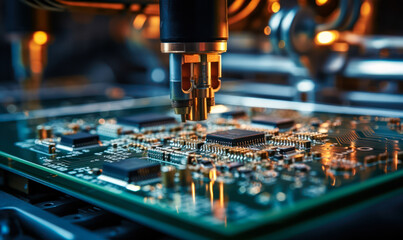 Precision automated machine arm calibrating and assembling circuit board components in a high-tech electronic manufacturing facility