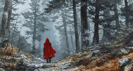 Back View Art of Little Red Riding Hood Walking Along a Trail in the Woods